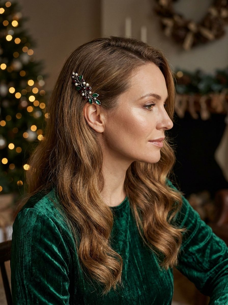 Seitlich gesteckte Wellen mit Schmuckspange - Weihnachtsfrisuren